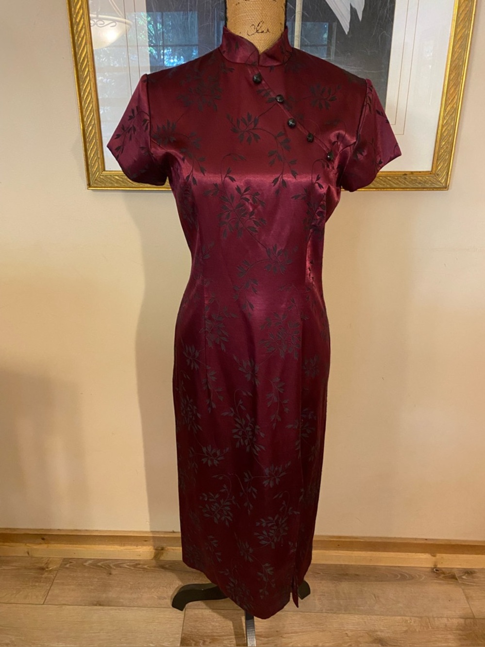 VTG 90s Dawn Joy Fashions Burgundy Floral Satin Cheongsam Women’s Maxi Dress 5/6